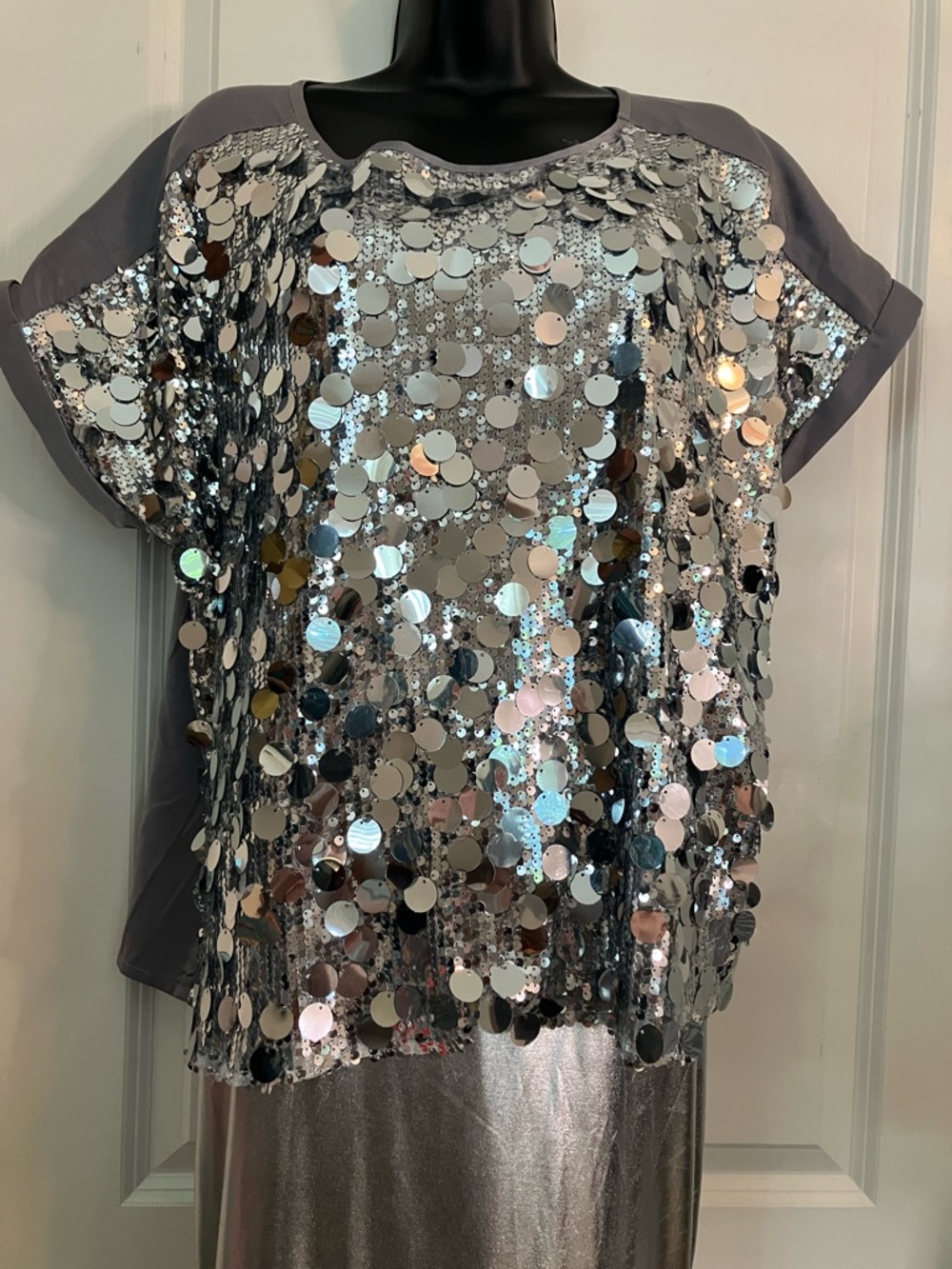 entro Gray Short Sleeve Sequin Round Neck Top